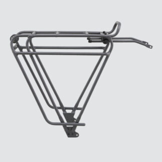 Tour rear rack for large loads, compatible with pannier bags and disc brake bikes, featuring dual-level design.