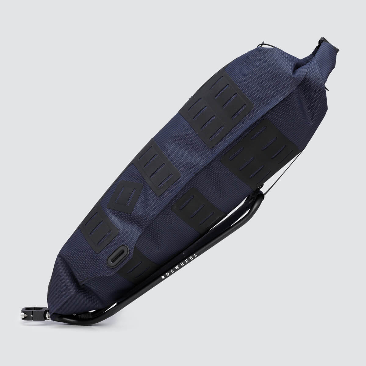 Off-Road Seat Pack Large with tapered design for easy access, featuring M.O.L.L.E. attachment system, durable waterproof fabric, and a stable adjustable rack for secure fitting.