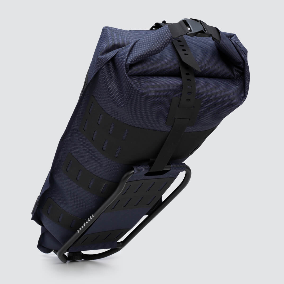 Off-Road Seat Pack Large with tapered design for easy access, featuring M.O.L.L.E. attachment system, durable waterproof fabric, and a stable adjustable rack for secure fitting.