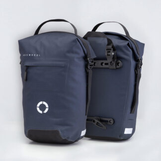 Waterproof Tour pannier bags (20L pair) with quick-tighten closure and reflective details for long-distance touring.